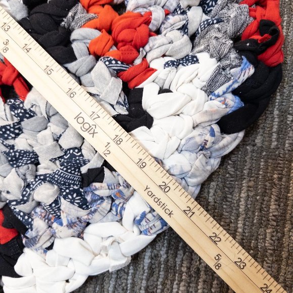 Upcycled Rag Rug Boho Red Black White 21" Round Handmade - Picture 2 of 6